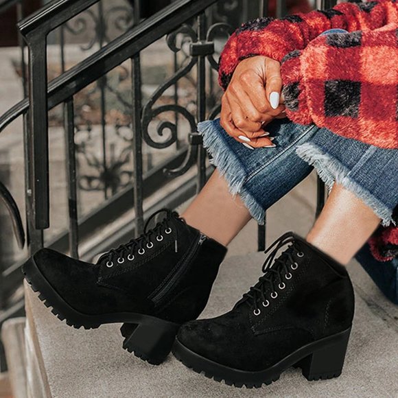 Soda Shoes - Soda Black Suede Lace-Up Chunky Heel Ankle Booties